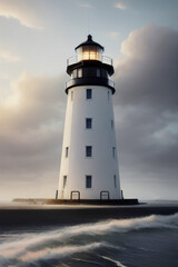 Vintage white lighthouse on the seashore surrounded by waves in cloudy weather