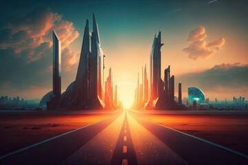 Obraz na płótnie Canvas Sunset on a deserted asphalt road set against a backdrop of gleaming skyscrapers in a futuristic city. expansive perspective. Generative AI