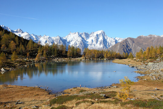 lake Arpy and Mont Blanc mountain range, viewed from Italy 