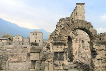 historic ruins of sant Orso Church of Aosta in Italy 
