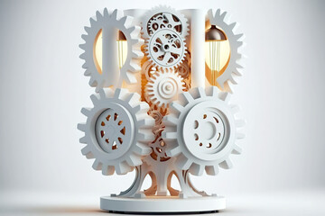 Fototapeta na wymiar Mechanism with gears, a new lamp isolated on a white background. In the future, the lamp will produce its own energy and therefore also light. AI generated illustration.