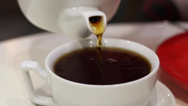 Pouring hot black tea in white porcelain cup. Slow motion. Freshly brewed tea ceremony process in cafe, healthy morning, detox drink on white background. Hospitality concept, hostess treats guest