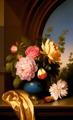 Old-fashioned and soft pastel colored flowers in vase. Vintage concept romantic scene. Ai generated art.