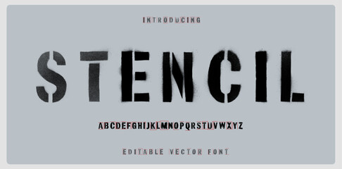 Editable stencil font with spray paint texture with mis-printed overspray. Highly detailed vector textures taken from high res scans. Compound path and optimised. Original design font