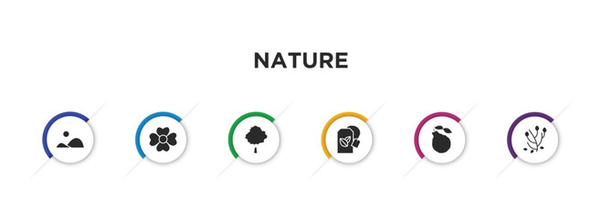 nature filled icons with infographic template. glyph icons such as hills, jasmine, beech, green tea, bergamot, anemone vector. - obrazy, fototapety, plakaty