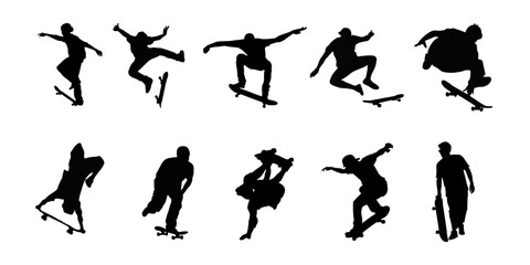 set of vector silhouettes of skateboarder, black color isolated on white background - obrazy, fototapety, plakaty
