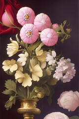 Old-fashioned and soft pastel colored flowers in vase. Vintage concept romantic scene. Ai generated art.