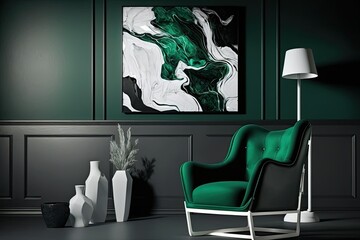 Armchair in a deep, dark shade of green, called malachite. White background with a white modern designer chair. Fabric seat. Generative AI