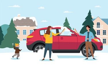 Family clean car from snow. Winter season, man and woman with mops clean glass of vehicle. Poster or banner for website. Brushing auto parked near of cottage. Cartoon flat vector illustration