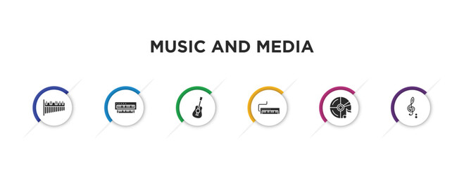 music and media filled icons with infographic template. glyph icons such as marimba, organ, ukelele, melodica, cd, octave vector. © IconArt