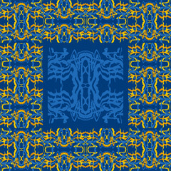 Abstract background of wavy embossed lines in blue and yellow tones. Intricate unusual kaleidoscope patterns. Openwork lace