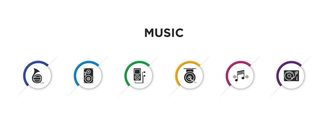 music filled icons with infographic template. glyph icons such as horn, speaker, mp3, gong, music, turntable vector.