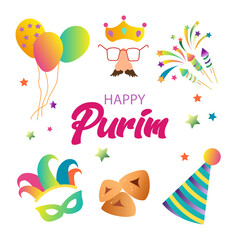 Purim Jewish holiday banner design with hamantaschen cookies, with masks and traditional props. Vector illustration. happy purim day