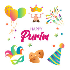 Obraz premium Purim Jewish holiday banner design with hamantaschen cookies, with masks and traditional props. Vector illustration. happy purim day