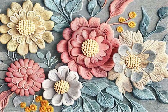 Floral pattern picture of flowers leaves peonies and roses embroidery smoothing, handmade creativity, delicate flowers. Generative AI