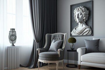 Grey armchair in living room with soft drapes. Generative AI