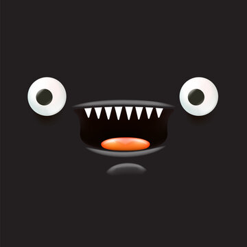 black monster. Vector funny angry black shark face with open mouth with fangs and evil eyes isolated on black background. Halloween and angry monster design template for poster, banner and tee print