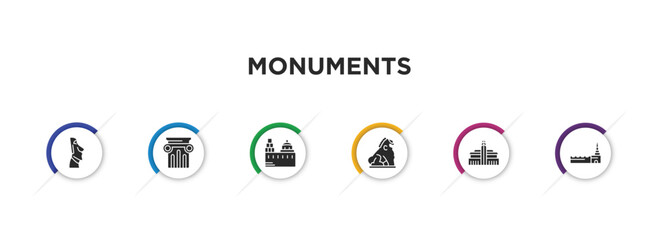 monuments filled icons with infographic template. glyph icons such as easter island, greek column, blue domed churches, imperial guardian lion, hassan mosque, moscow vector.