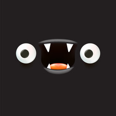 black monster. Vector funny angry black shark face with open mouth with fangs and evil eyes isolated on black background. Halloween and angry monster design template for poster, banner and tee print