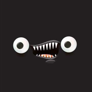 recommend clip art: black monster. Vector funny angry black shark face with open mouth with fangs and evil eyes isolated on black background. Halloween and angry monster design template for poster, banner and tee print