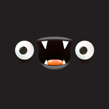 recommend clip art: black monster. Vector funny angry black shark face with open mouth with fangs and evil eyes isolated on black background. Halloween and angry monster design template for poster, banner and tee print