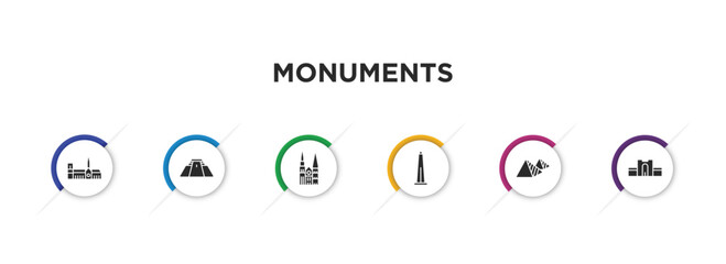 monuments filled icons with infographic template. glyph icons such as notre dame cathedral, pyramid of the magician, chartres cathedral, obelisk of bue aires, egyptian, medieval walls in avila