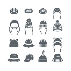 Baby hats solid silhouette icons. Simple flat pictograms of children clothes. Cute hats, caps, sun hats for newborn child, toddler, little boy or girl. Kids wardrobe garment. Warm hat with bear ears