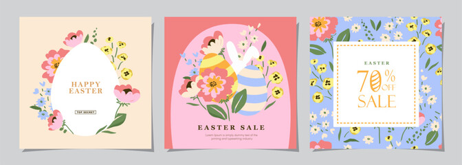 Fototapeta na wymiar Happy Easter Set of Sale banners, social media, greeting cards, posters, holiday covers. Trendy design with typography, hand painted plants, dots, eggs and bunny, in pastel colors. banner background.