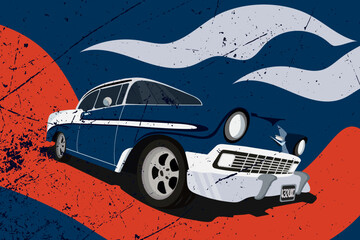 Retro blue car with scratches and abrasions on red road and dark background, vector illustration