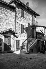 Italy, February 2023: view of the beautiful medieval village of Castel Trosino in the province of Ascoli Piceno in the Marche region. The town expresses a concept of peace but also of solitude