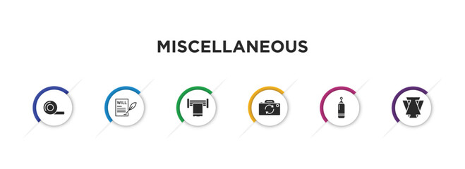 miscellaneous filled icons with infographic template. glyph icons such as adhesive tape, will, towel rack, camera front, muay thai, abstract vector.