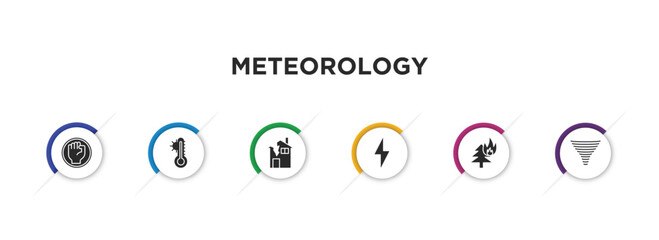 meteorology filled icons with infographic template. glyph icons such as revolution, hot thermometer, broken house, thunder, burning tree, tornado season vector.