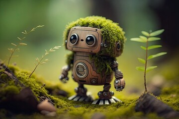 Fototapeta A cute tiny modern robot is strolling through the woods; its body is constructed of green moss. Generative AI obraz