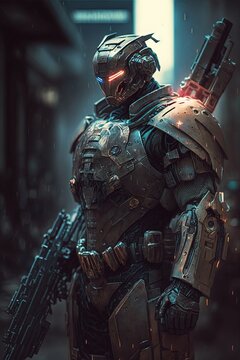 a full body portrait of a robot soldier with a big weapon cyberpunk Generative AI