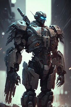 a full body portrait of a robot soldier with a big weapon cyberpunk Generative AI