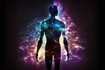 Fototapeta premium Astral body silhouette with energy, esoteric, spiritual life and meditation concept. Afterlife and near death experience. Generative AI Technology
