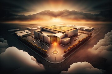Flying above a large warehouse, factory, or distribution hub. An aerial, golden hour view of a factory and its machinery. Generative AI