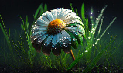 A dew-covered daisy in a field of green grass