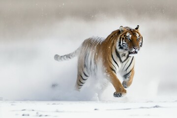 In order to hunt, Siberian tigers must run quickly through the snow. The photo has a lot of energy. China. Harbin. The region of Mudanjiang. It's in a park called Hengdaohezi. Wild Animal Park of Sibe