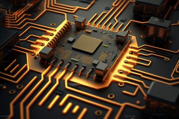 Circuit board with chip. AI technology generated image