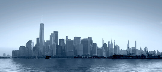 morning view of New York Manhattan in monochrome blue tonality