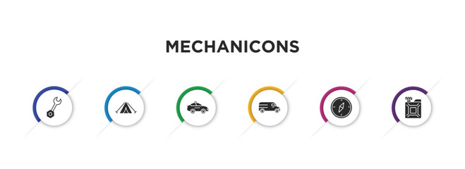 mechanicons filled icons with infographic template. glyph icons such as repair wrenches, triangular tent, taxi side, van facing left, round compass, change car oil vector.