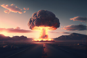 Nuclear explosion mushroom cloud Armageddon end of the world planet earth, created with generative ai 
