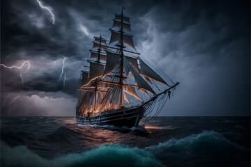 Large Ship Sailing During a Storm - Generative A.I. Art - obrazy, fototapety, plakaty