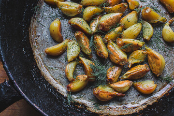 roasted roasted garlic and dill in an old pan