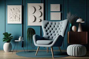 Stylish contemporary living room furnishing featuring a plush armchair, pouf, wooden commode, dummy poster frame, and other cutting edge accents. a wall of blue color. Template. Free room for copies