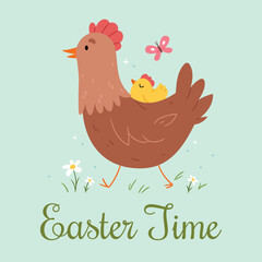 Hen mother with chicken child.Easter card.Easter time. Cute spring illustration.