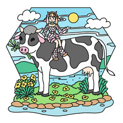 Naklejka premium Cute girl with cow of the year of the Thai zodiac A girl sits on a beloved cow representing the Thai zodiac.