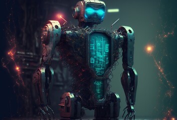 Naklejka premium artificial intelligence concept with robot using laptop, generative ai