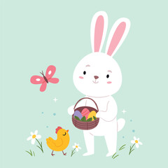 Easter bunny holding a basket of eggs.Easter card.Cute spring illustration.Easter bunny holding a basket of eggs.Easter card.Cute spring illustration.